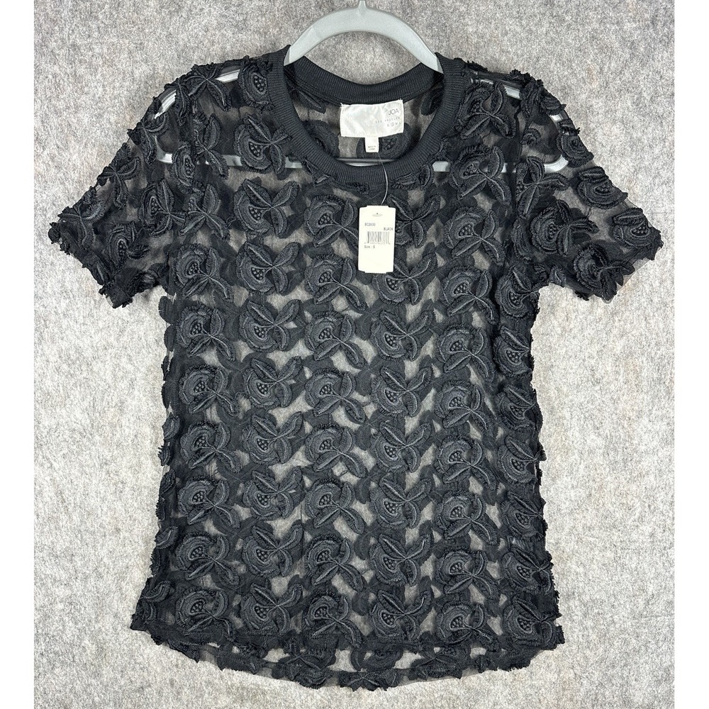 JOA Los Angeles Sheer Lace Floral Top Womens Small Black Short Sleeve NWT